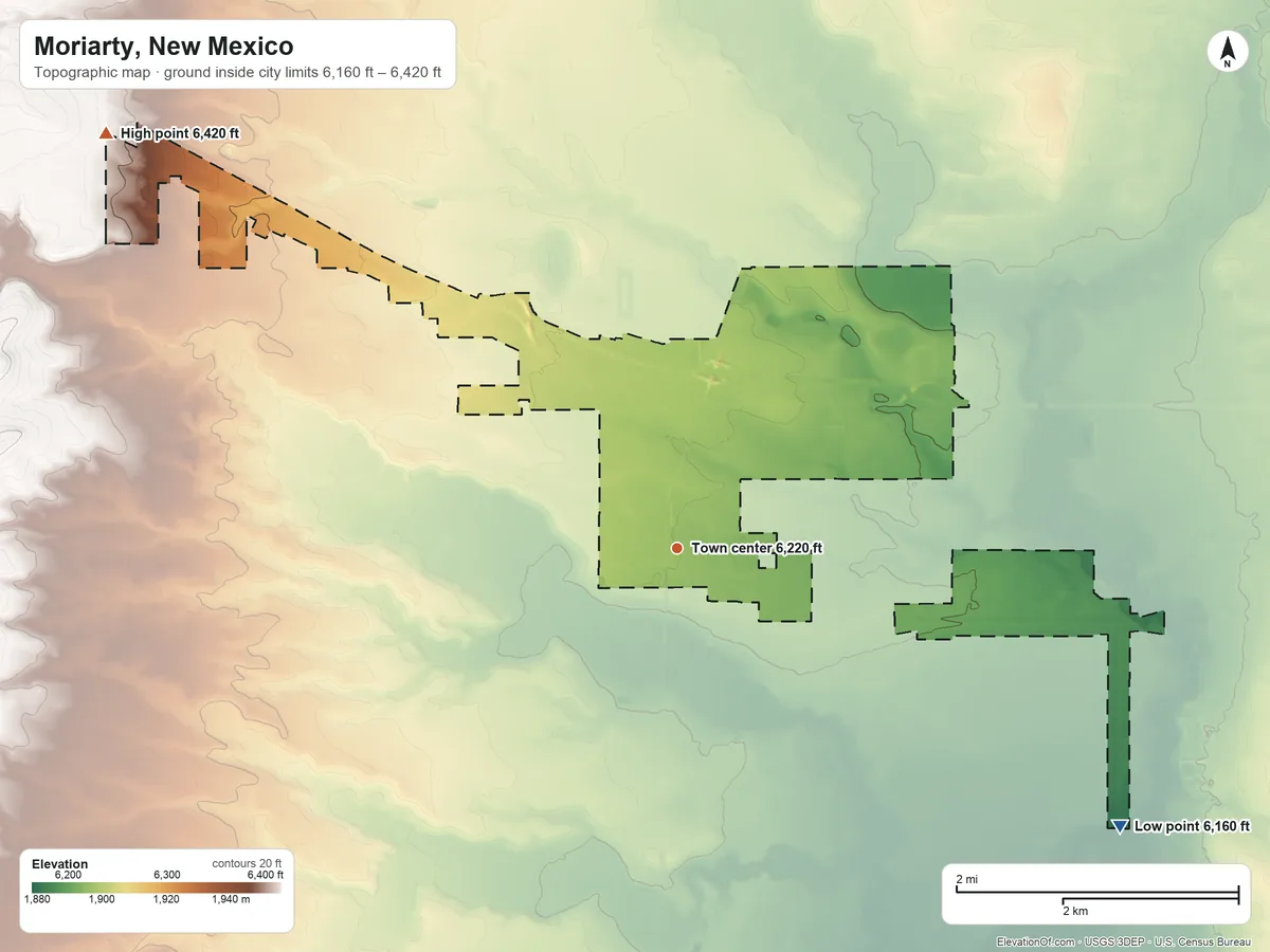 Topographic elevation map of Moriarty, New Mexico, shaded from 6,160 ft on the southeast side to 6,420 ft on the northwest side