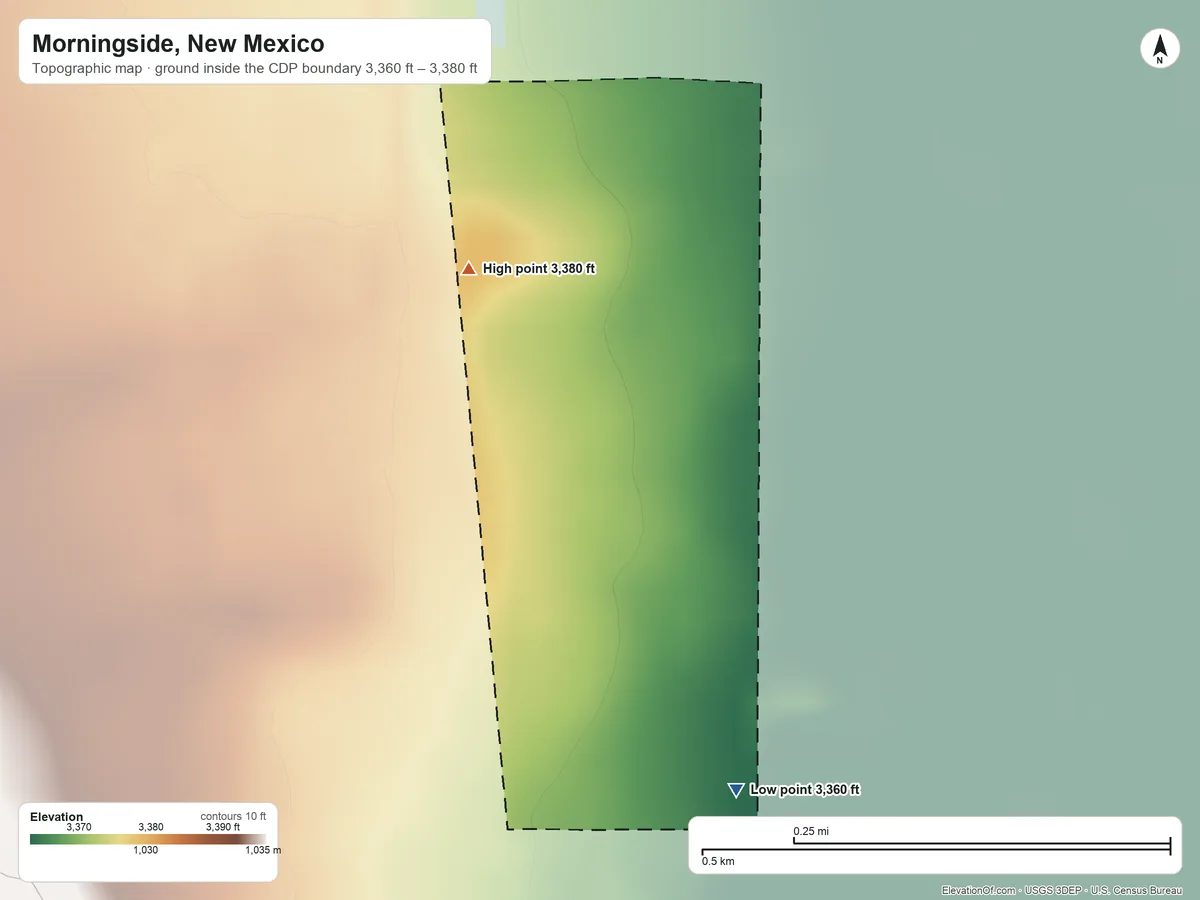 Topographic elevation map of Morningside, New Mexico, shaded from 3,360 ft on the south side to 3,380 ft on the northwest side