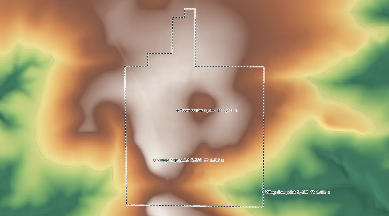Topographic elevation map of Mosquero, New Mexico, shaded from 5,480 ft on the southeast side to 5,590 ft on the southwest side