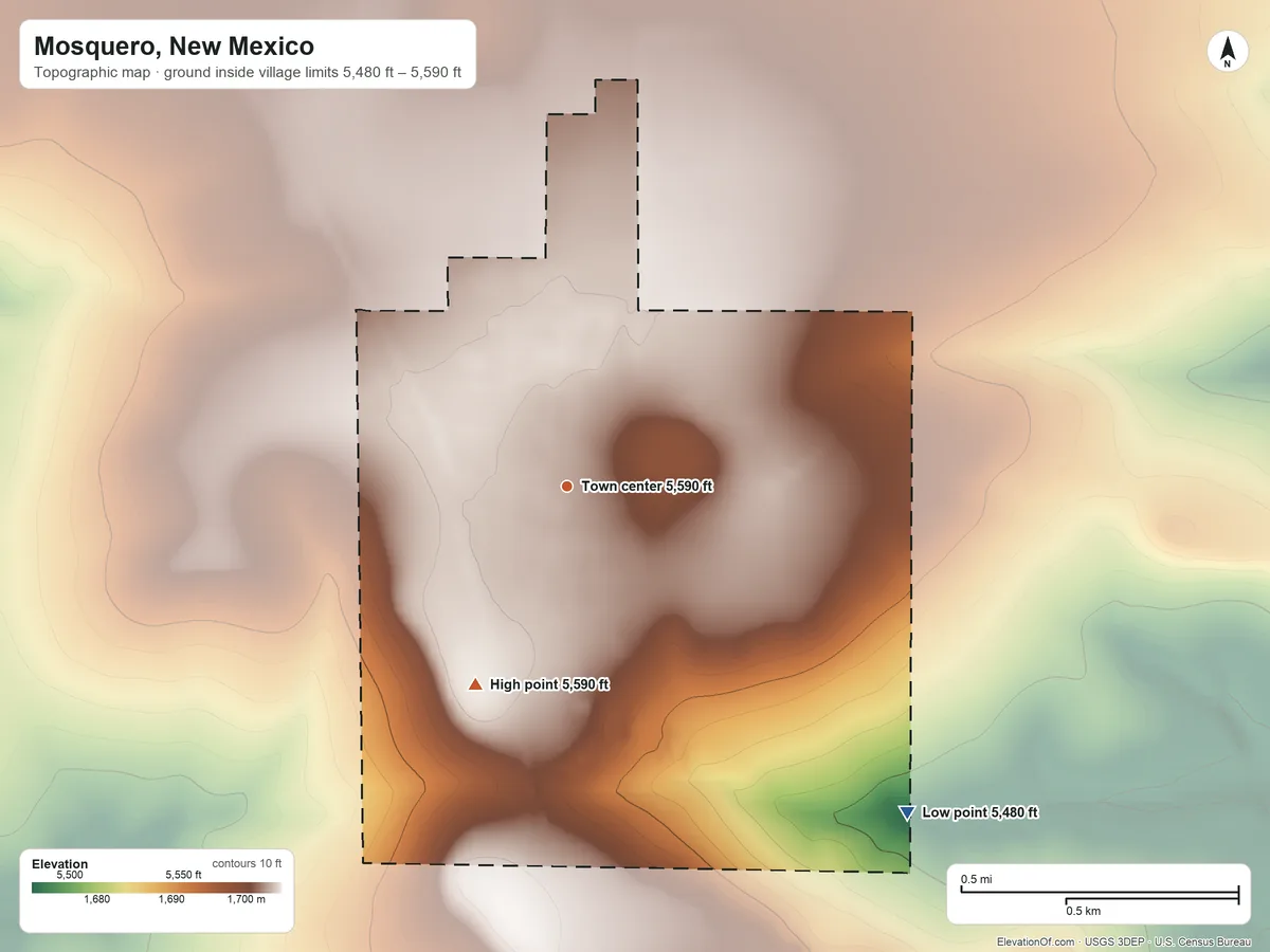 Topographic elevation map of Mosquero, New Mexico, shaded from 5,480 ft on the southeast side to 5,590 ft on the southwest side