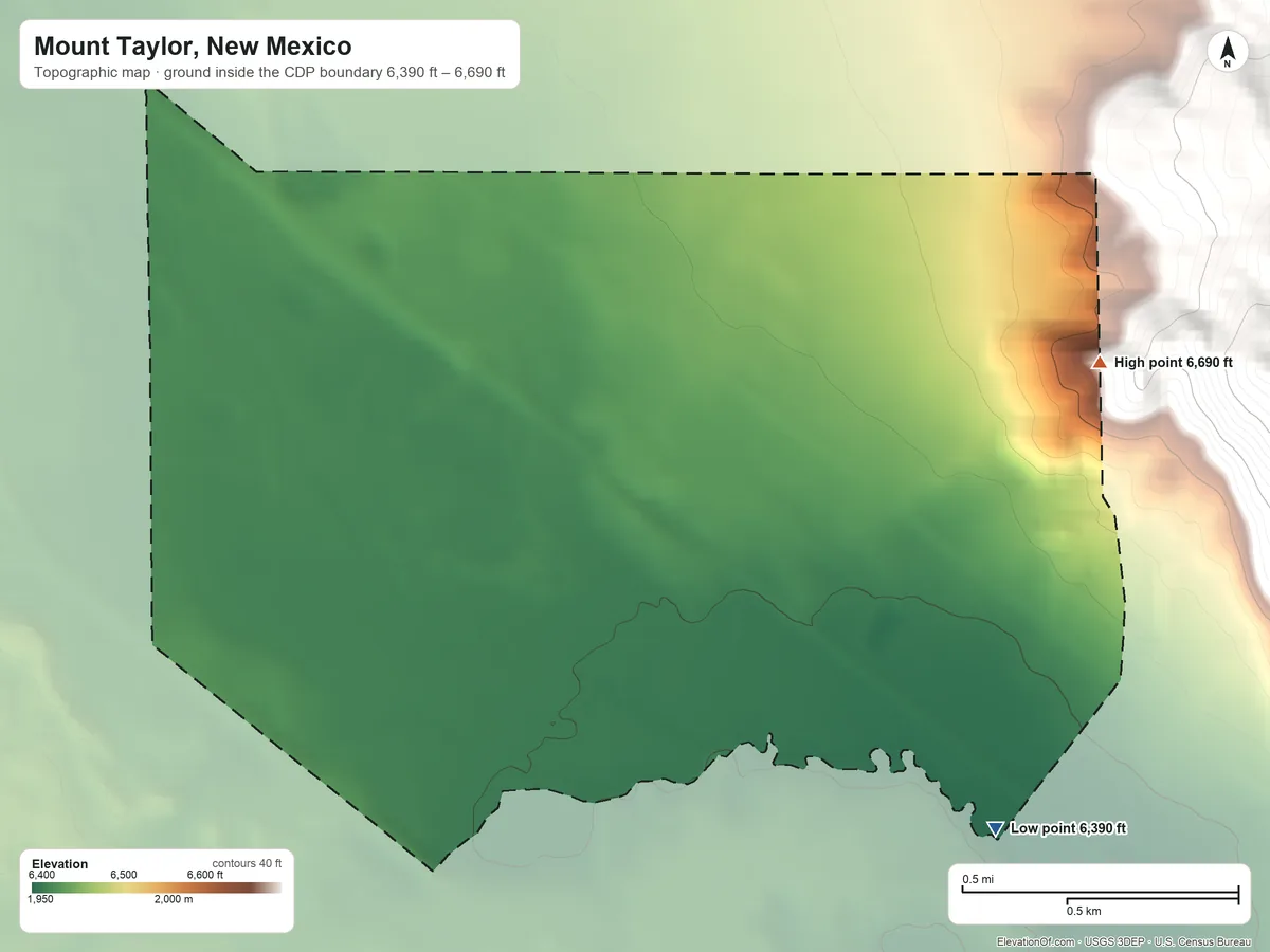 Topographic elevation map of Mount Taylor, New Mexico, shaded from 6,390 ft on the southeast side to 6,690 ft at the foot of the San Mateo Mountains
