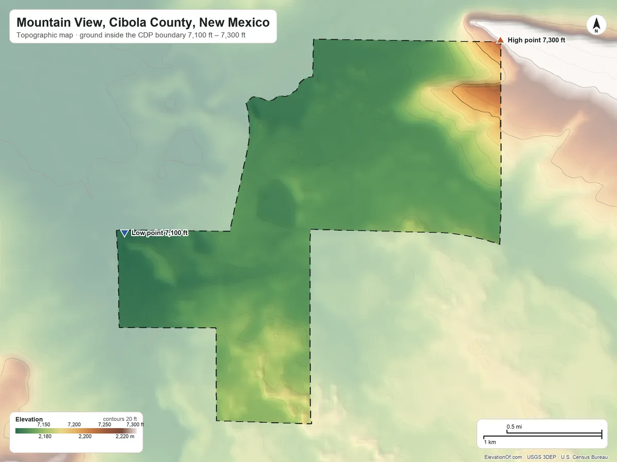 Topographic elevation map of Mountain View, Cibola County, New Mexico, shaded from 7,100 ft on the west side to 7,300 ft on the northeast side