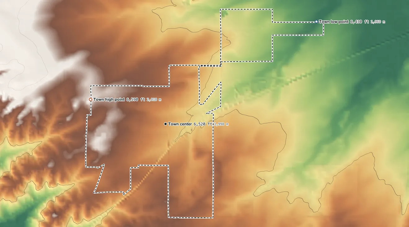Topographic elevation map of Mountainair, New Mexico, shaded from 6,430 ft on the northeast side to 6,590 ft on the west side
