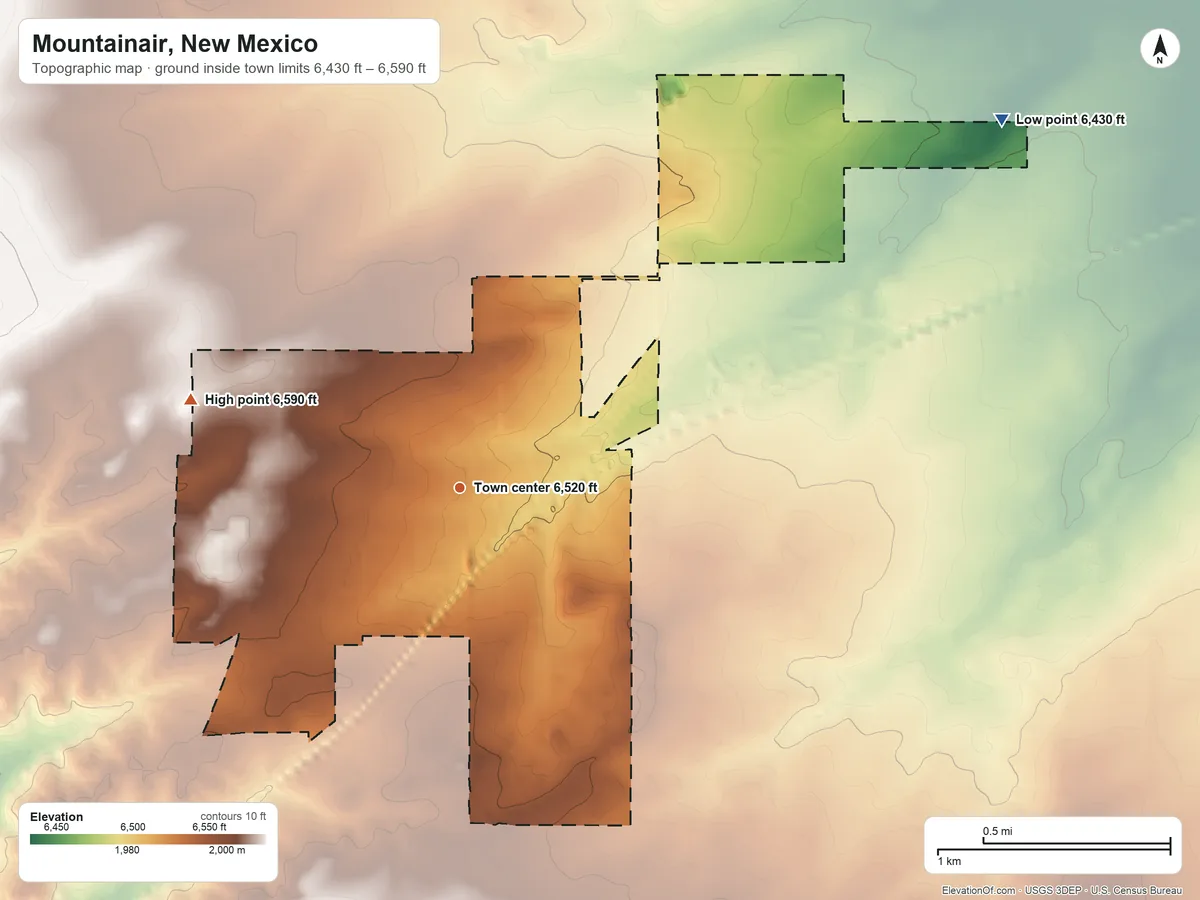Topographic elevation map of Mountainair, New Mexico, shaded from 6,430 ft on the northeast side to 6,590 ft on the west side