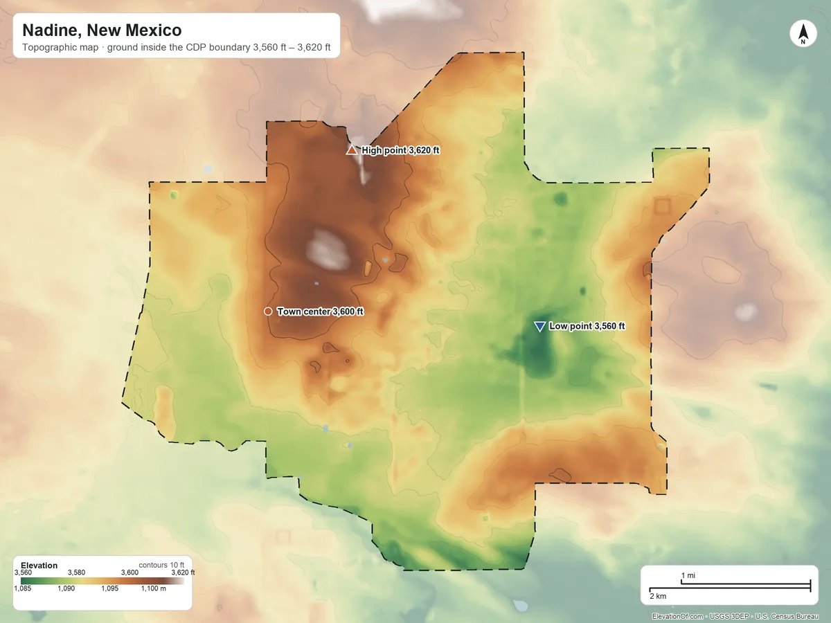Topographic elevation map of Nadine, New Mexico, shaded from 3,560 ft on the east side to 3,620 ft on the northeast side