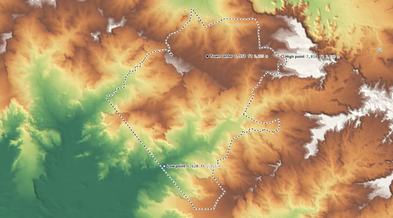 Topographic elevation map of Nageezi, New Mexico, shaded from 6,620 ft on the south side to 7,010 ft on the east side