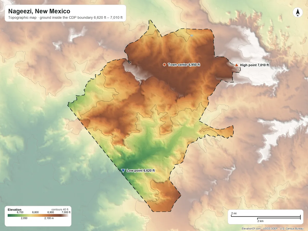 Topographic elevation map of Nageezi, New Mexico, shaded from 6,620 ft on the south side to 7,010 ft on the east side