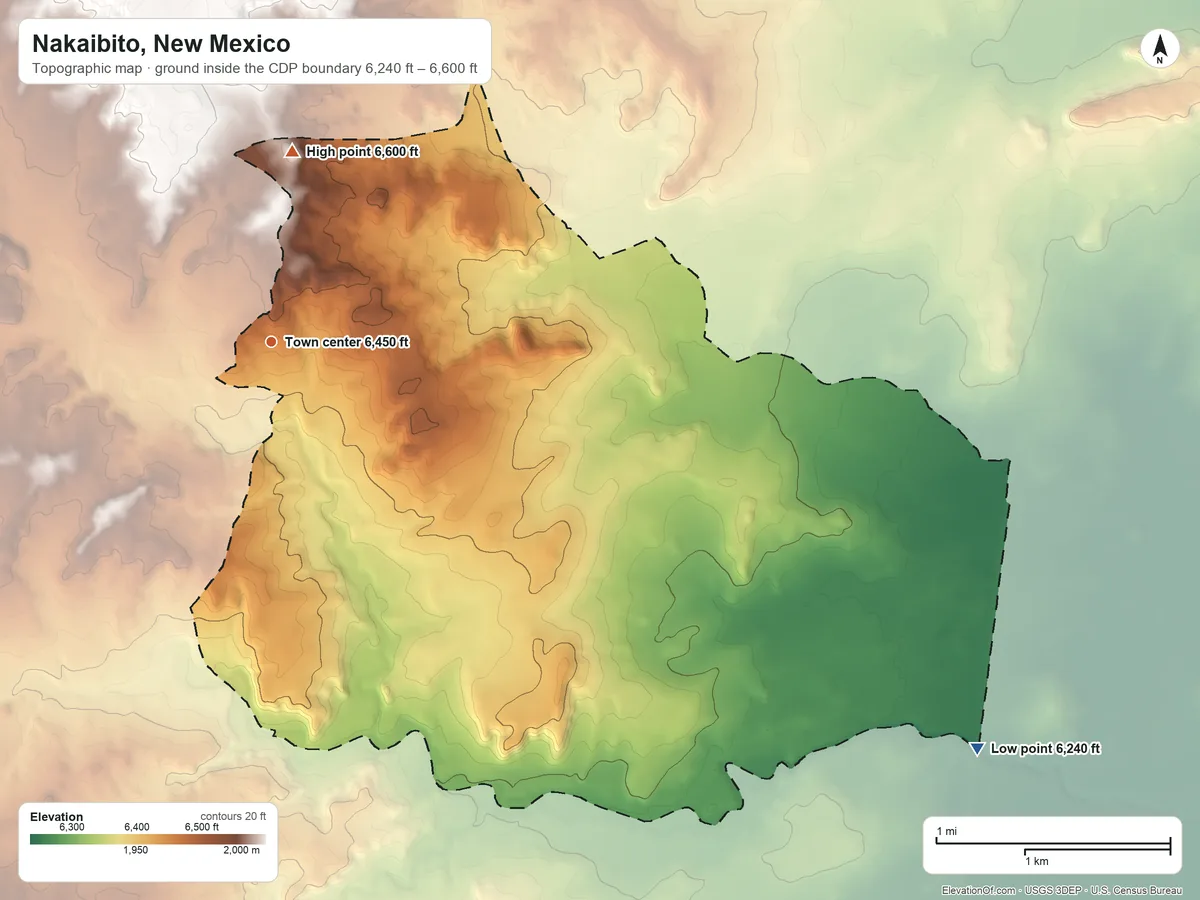 Topographic elevation map of Nakaibito, New Mexico, shaded from 6,240 ft on the southeast side to 6,600 ft on the north side