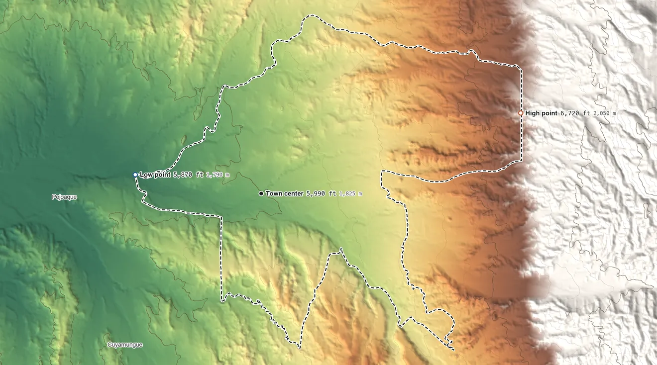 Topographic elevation map of Nambe, New Mexico, shaded from 5,870 ft on the west side to 6,720 ft on the east edge, below higher ground just outside