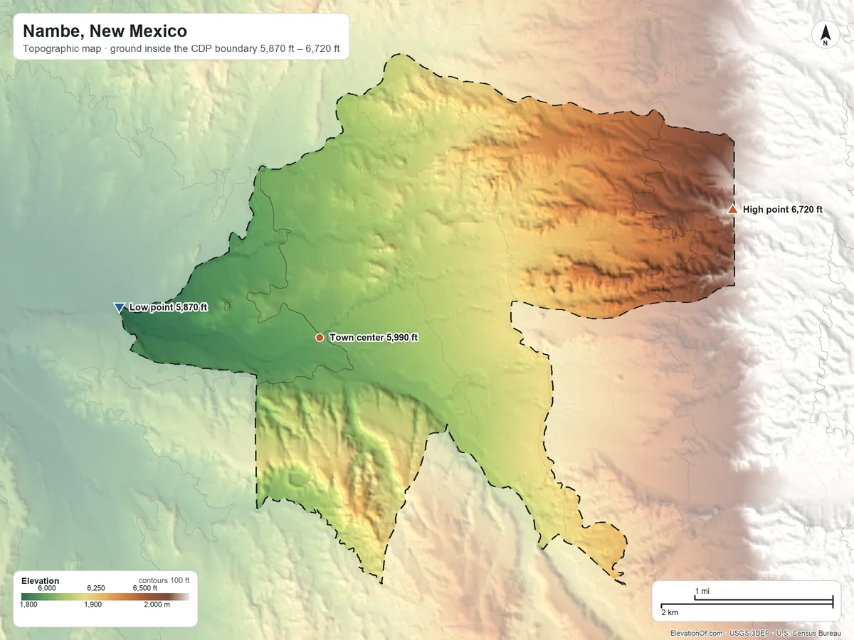 Topographic elevation map of Nambe, New Mexico, shaded from 5,870 ft on the west side to 6,720 ft on the east edge, below higher ground just outside