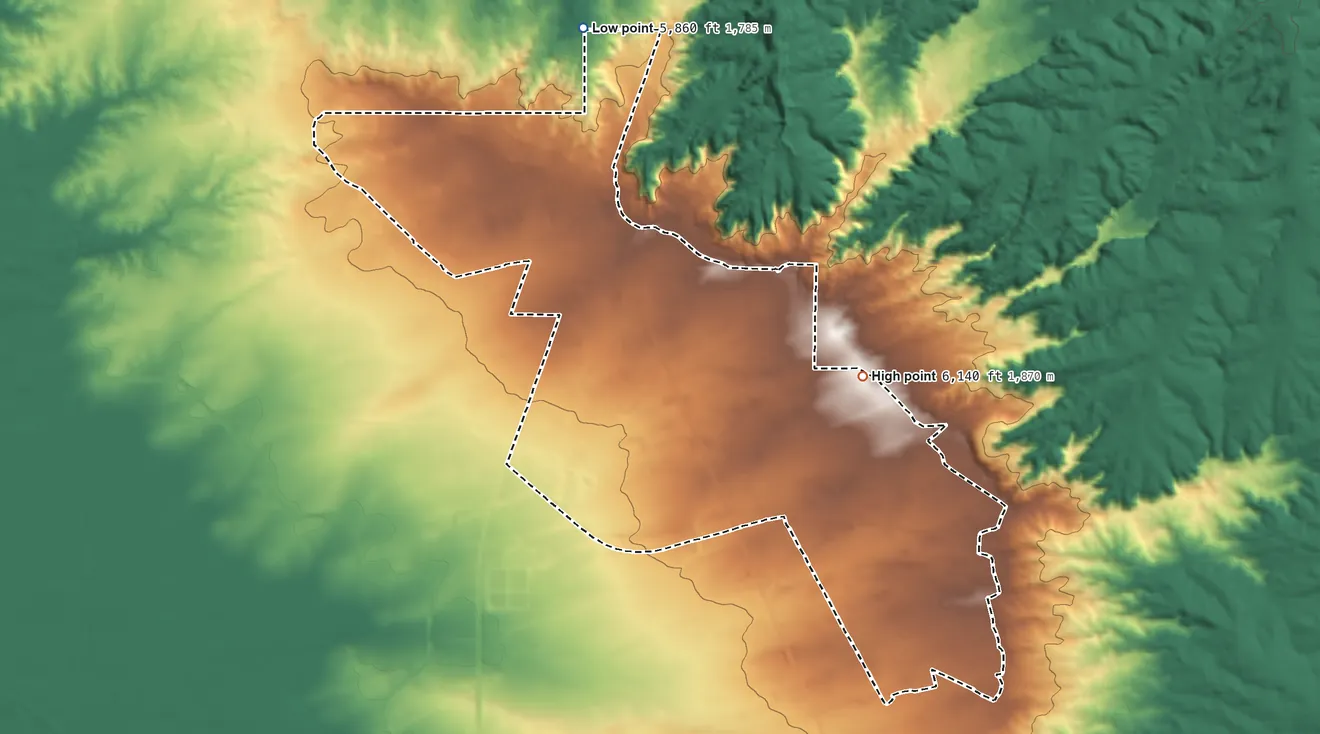 Topographic elevation map of Napi Headquarters, New Mexico, shaded from 5,860 ft on the north side to 6,140 ft on the east side