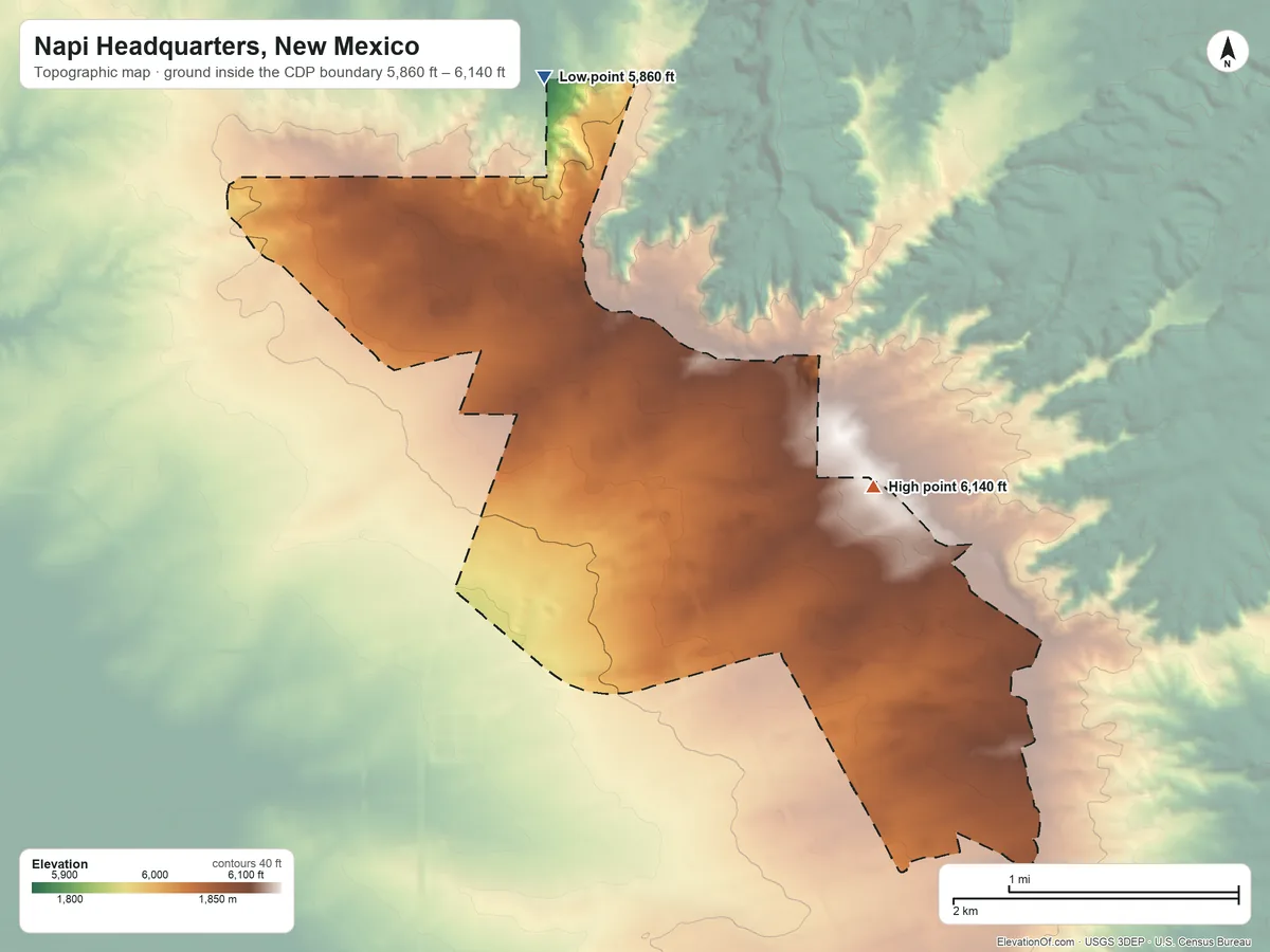 Topographic elevation map of Napi Headquarters, New Mexico, shaded from 5,860 ft on the north side to 6,140 ft on the east side