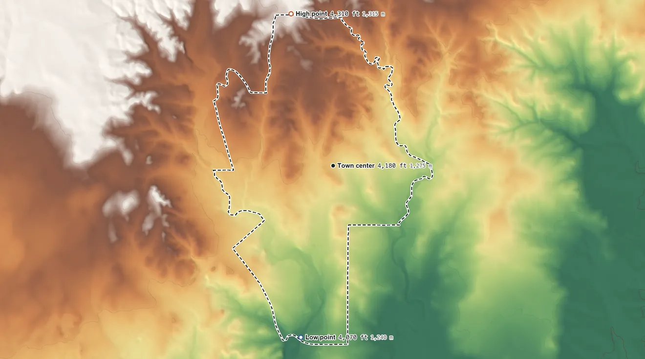 Topographic elevation map of Nara Visa, New Mexico, shaded from 4,070 ft on the south side to 4,310 ft on the north side