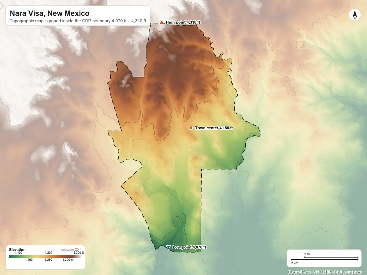 Topographic elevation map of Nara Visa, New Mexico, shaded from 4,070 ft on the south side to 4,310 ft on the north side