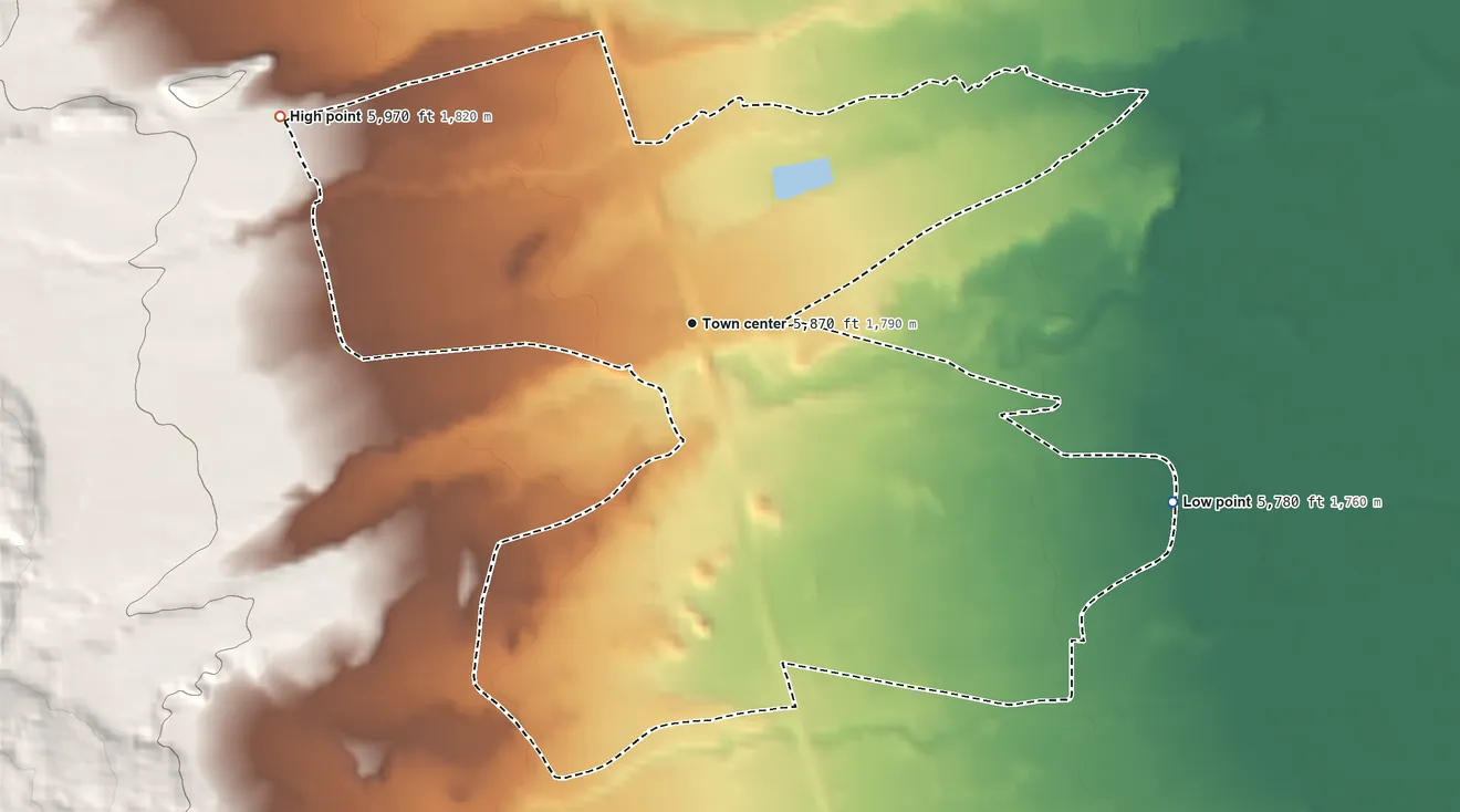 Topographic elevation map of Naschitti, New Mexico, shaded from 5,780 ft on the east side to 5,970 ft on the northwest edge, below higher ground just outside