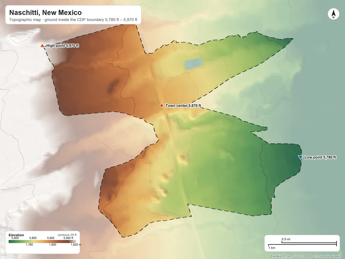 Topographic elevation map of Naschitti, New Mexico, shaded from 5,780 ft on the east side to 5,970 ft on the northwest edge, below higher ground just outside
