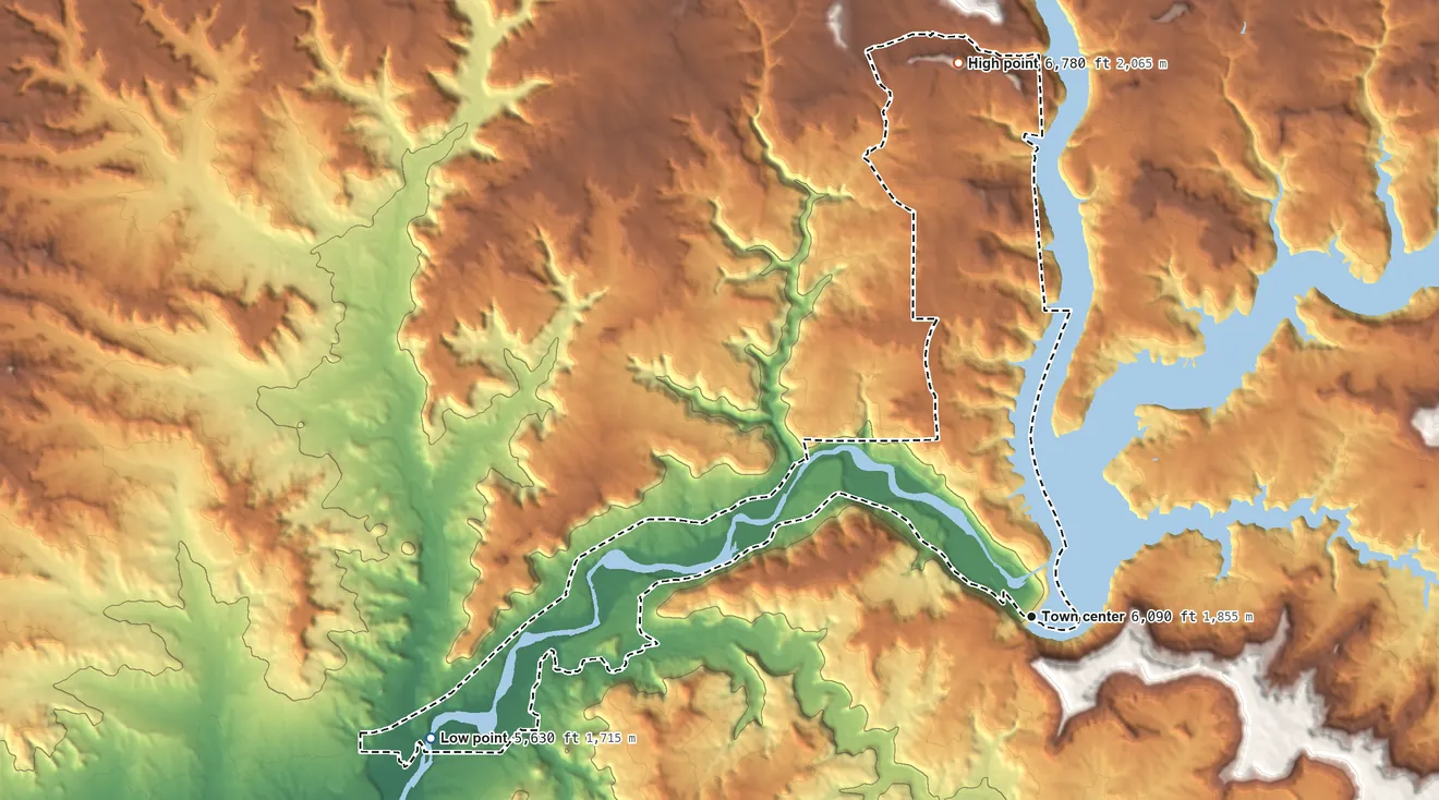 Topographic elevation map of Navajo Dam, New Mexico, shaded from 5,630 ft on the west side to 6,780 ft on the north side