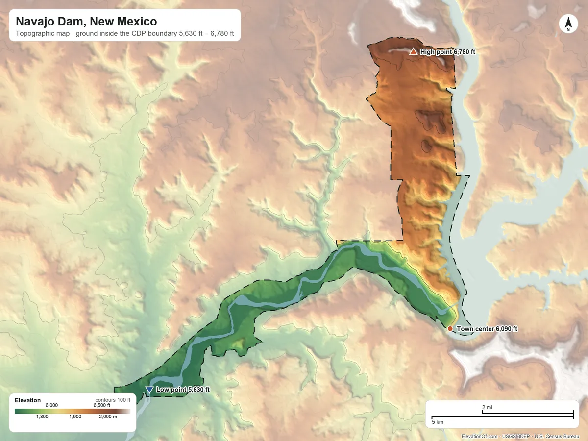 Topographic elevation map of Navajo Dam, New Mexico, shaded from 5,630 ft on the west side to 6,780 ft on the north side