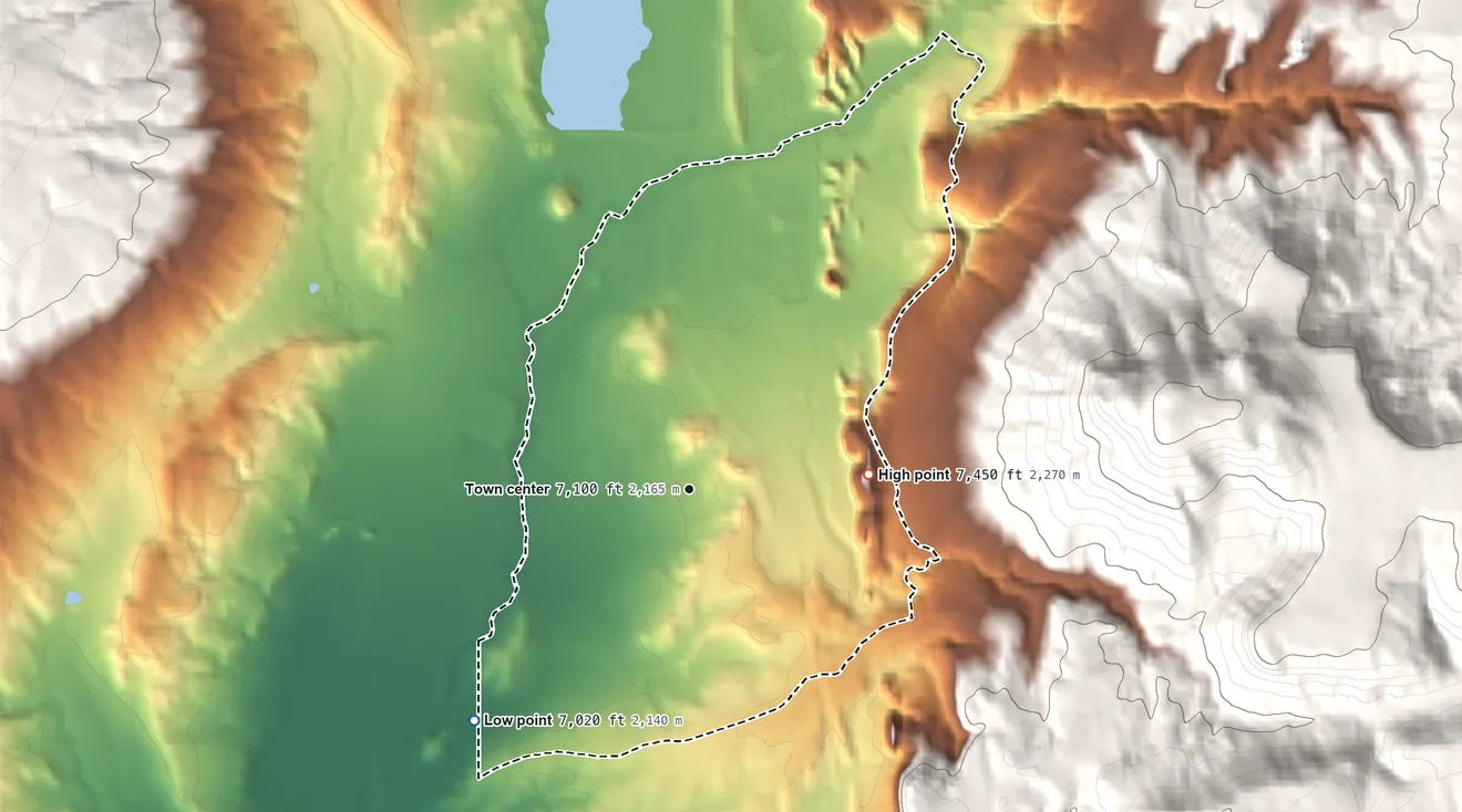 Topographic elevation map of Navajo, New Mexico, shaded from 7,020 ft on the southwest side to 7,450 ft on the east edge, below higher ground just outside