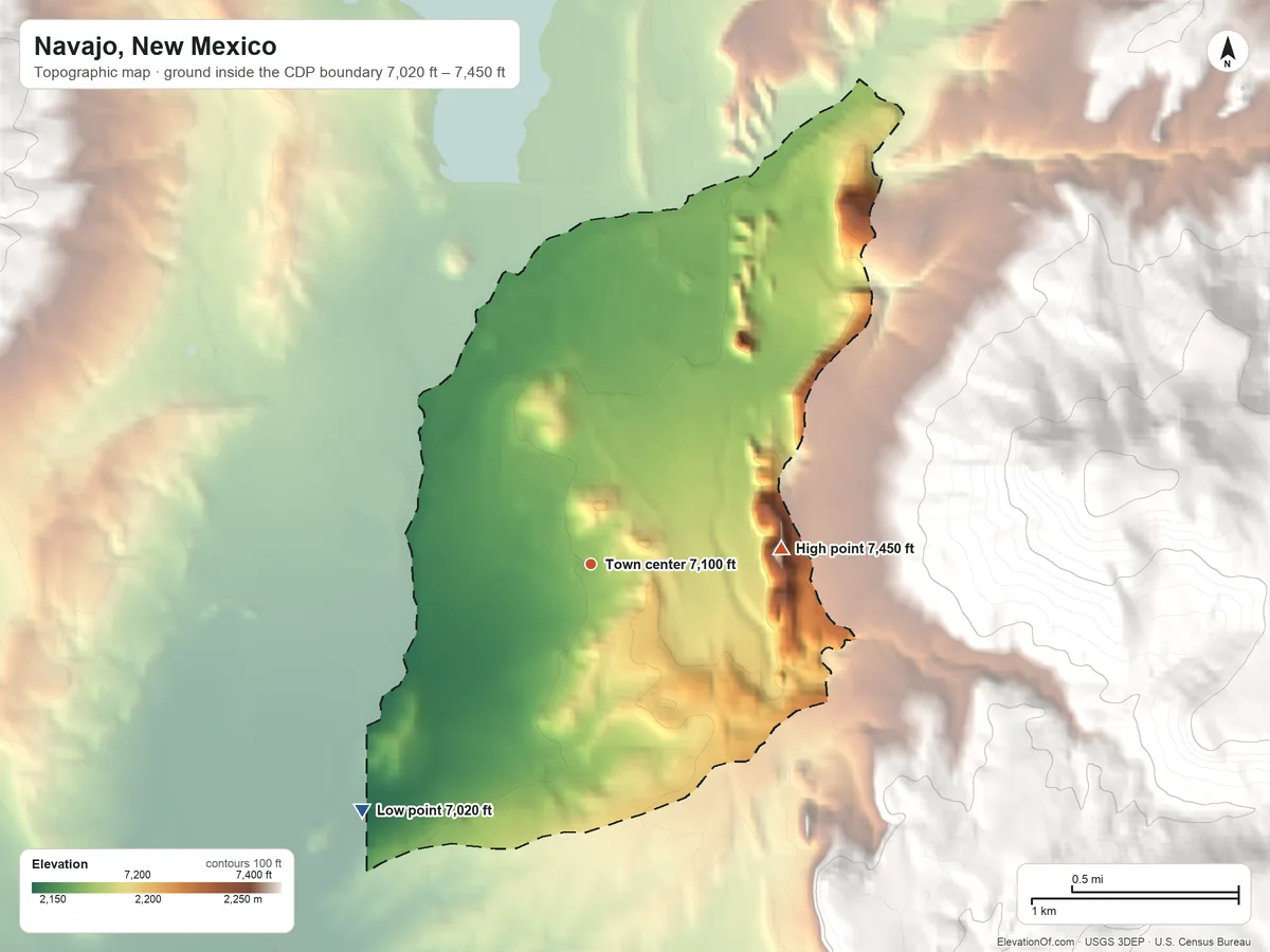 Topographic elevation map of Navajo, New Mexico, shaded from 7,020 ft on the southwest side to 7,450 ft on the east edge, below higher ground just outside