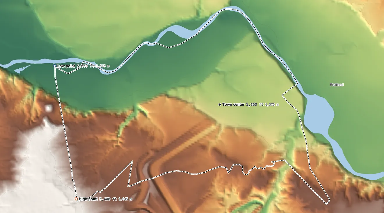 Topographic elevation map of Nenahnezad, New Mexico, shaded from 5,060 ft on the west side to 5,400 ft on the southwest side