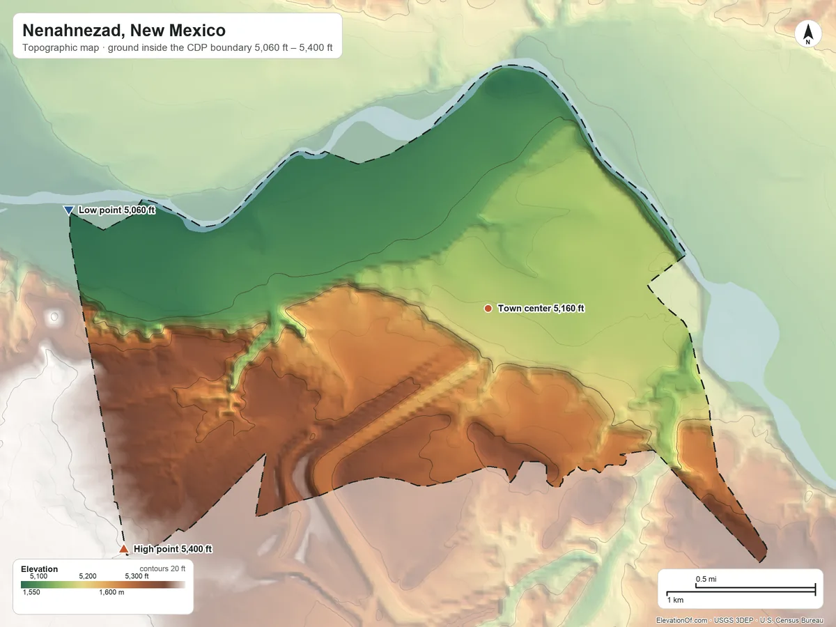 Topographic elevation map of Nenahnezad, New Mexico, shaded from 5,060 ft on the west side to 5,400 ft on the southwest side