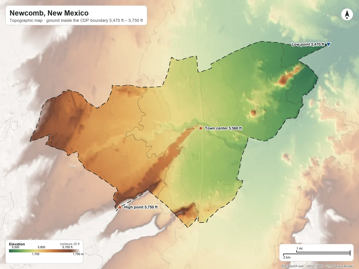Topographic elevation map of Newcomb, New Mexico, shaded from 5,470 ft on the northeast side to 5,750 ft on the southwest side