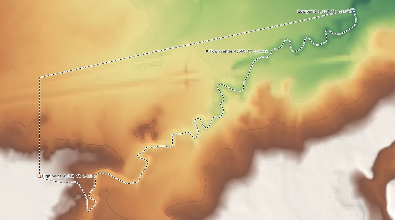 Topographic elevation map of Newkirk, New Mexico, shaded from 4,520 ft on the east side to 4,640 ft on the southwest side