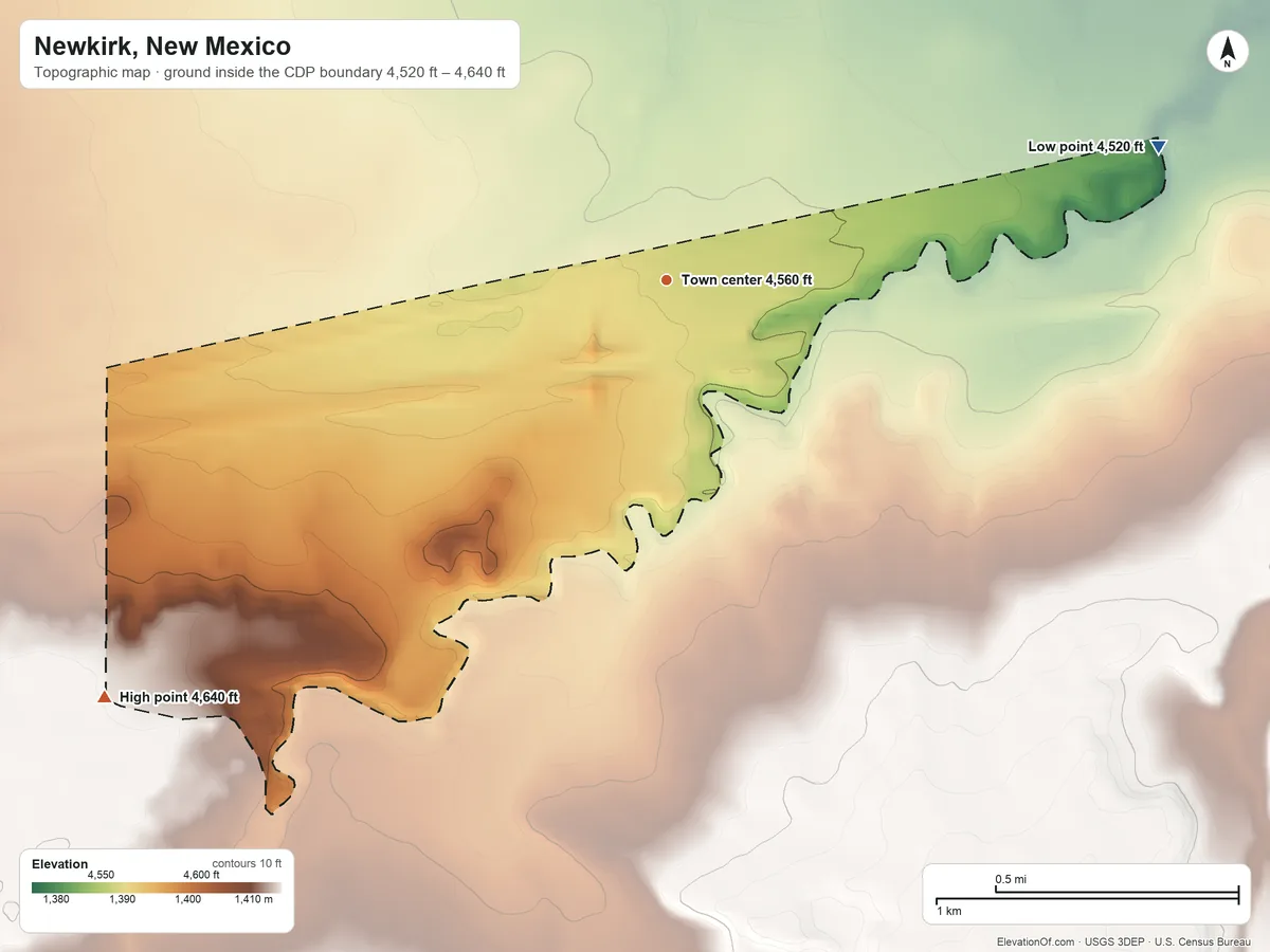 Topographic elevation map of Newkirk, New Mexico, shaded from 4,520 ft on the east side to 4,640 ft on the southwest side