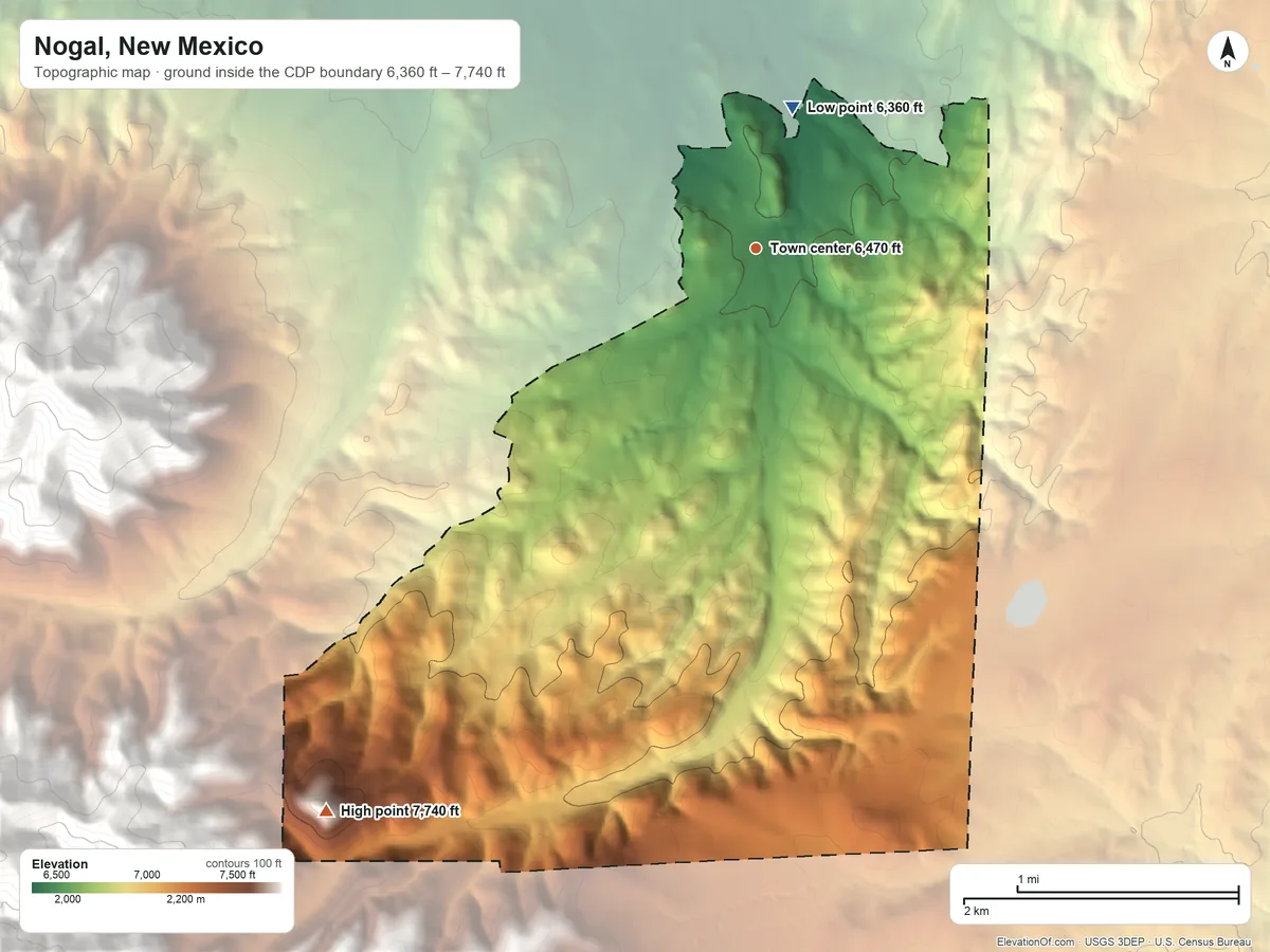 Topographic elevation map of Nogal, New Mexico, shaded from 6,360 ft on the north side to 7,740 ft at the foot of the Vera Cruz Mountains