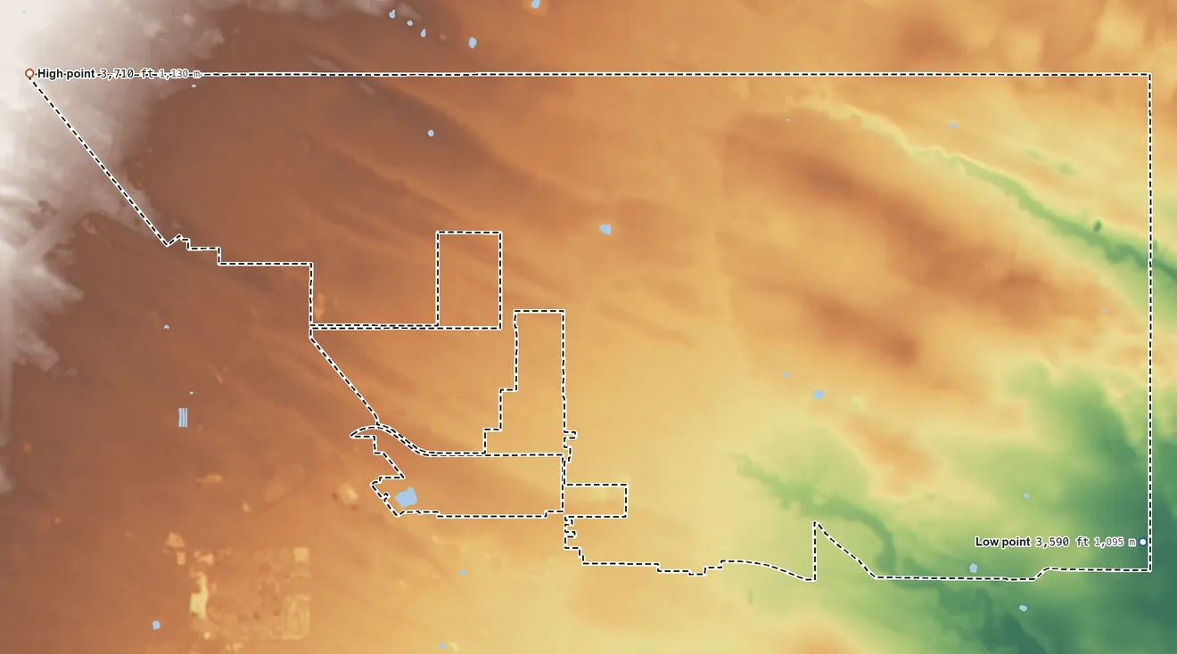 Topographic elevation map of North Hobbs, New Mexico, shaded from 3,590 ft on the east side to 3,710 ft on the northwest side