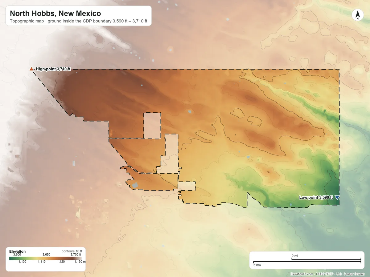 Topographic elevation map of North Hobbs, New Mexico, shaded from 3,590 ft on the east side to 3,710 ft on the northwest side