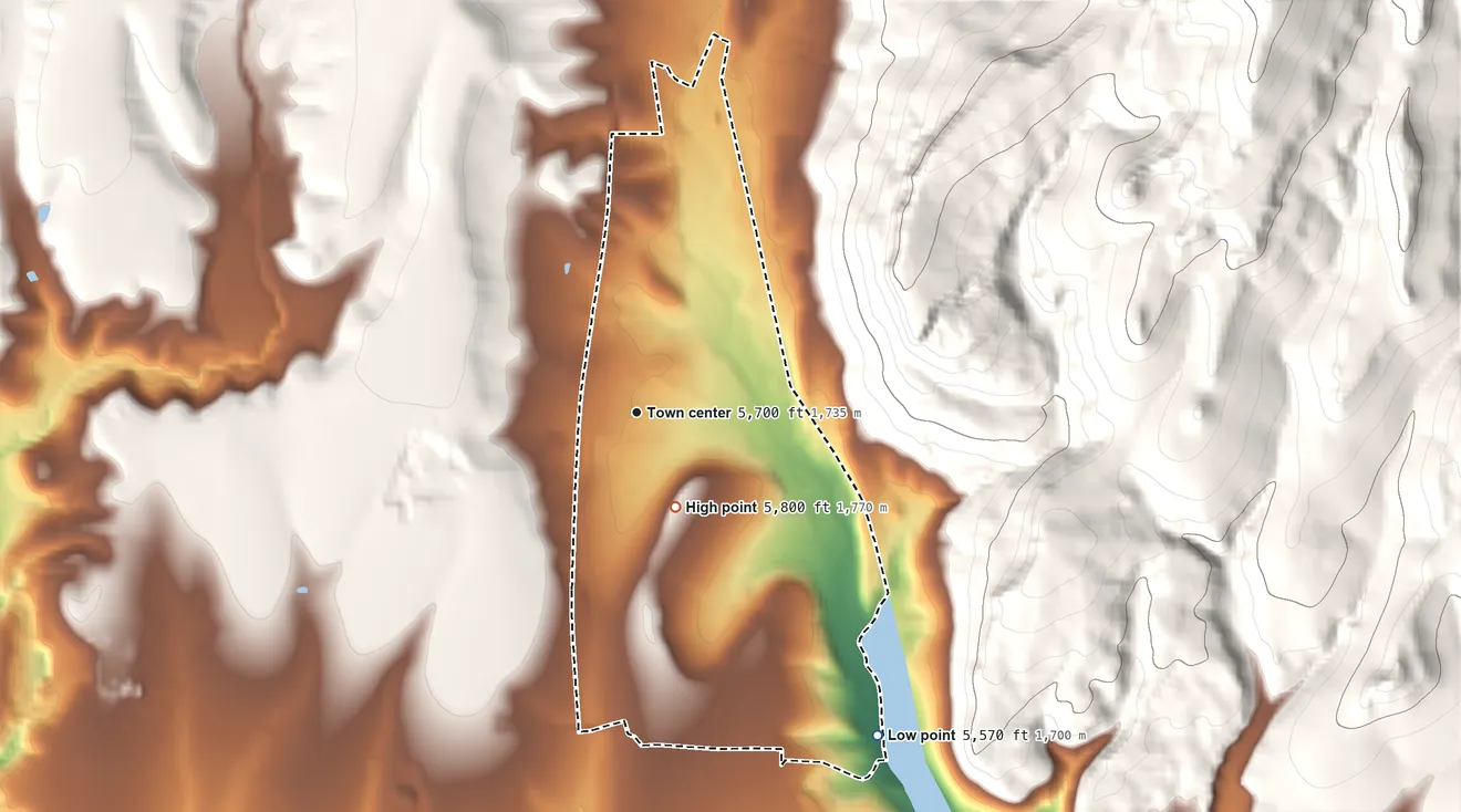 Topographic elevation map of North Hurley, New Mexico, shaded from 5,570 ft on the southeast side to 5,800 ft at the foot of the Little Burro Mountains