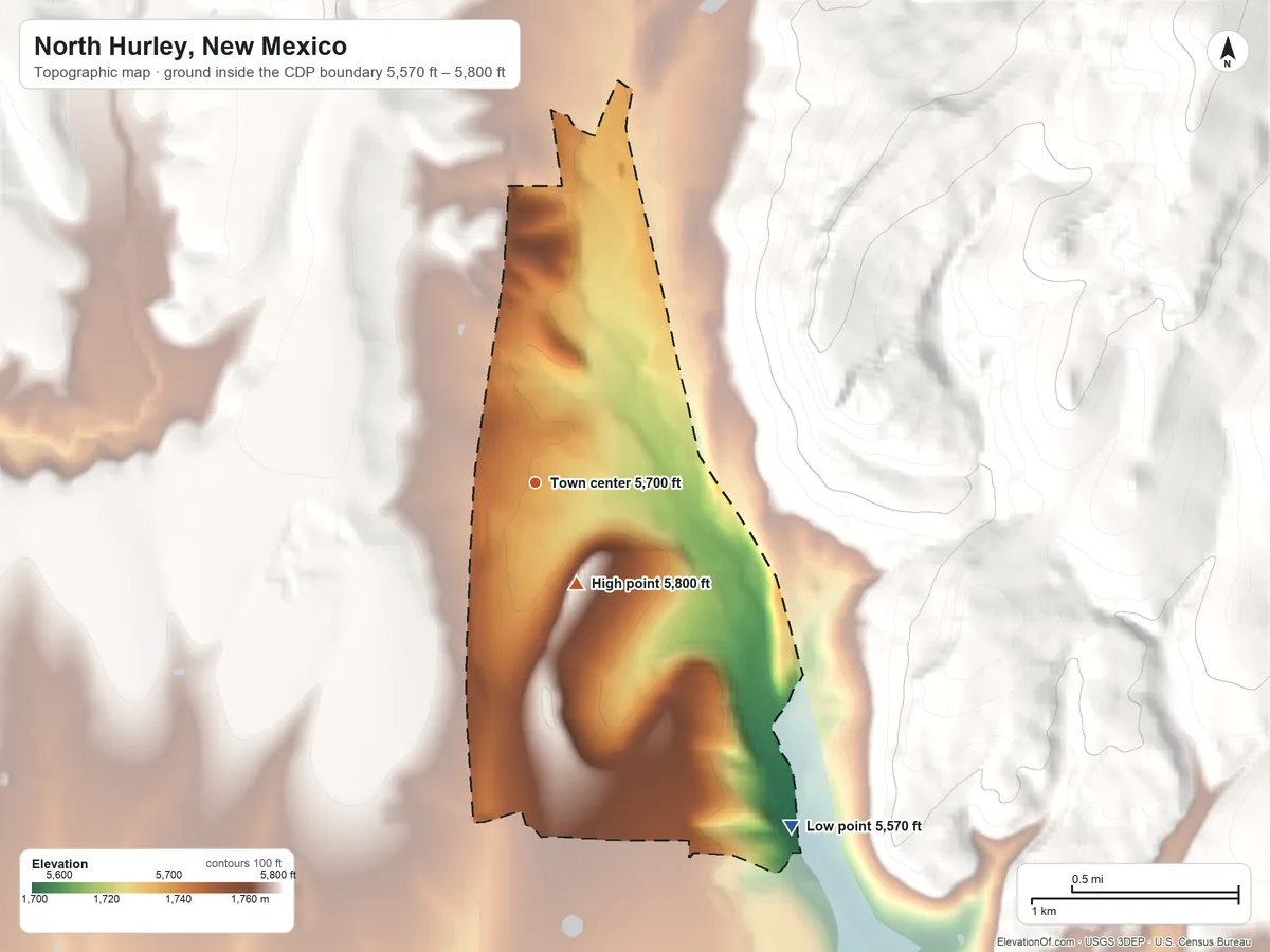 Topographic elevation map of North Hurley, New Mexico, shaded from 5,570 ft on the southeast side to 5,800 ft at the foot of the Little Burro Mountains