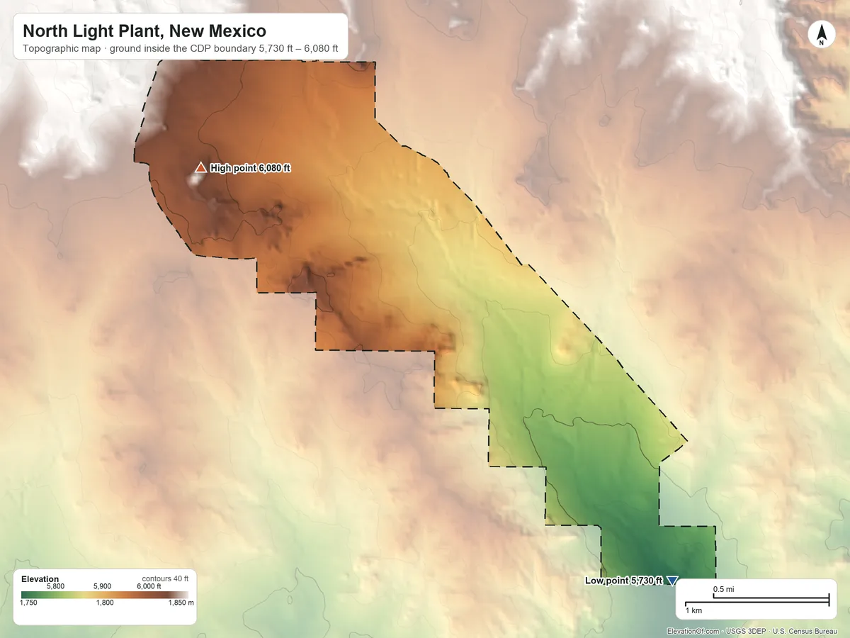 Topographic elevation map of North Light Plant, New Mexico, shaded from 5,730 ft on the southeast side to 6,080 ft on the west side
