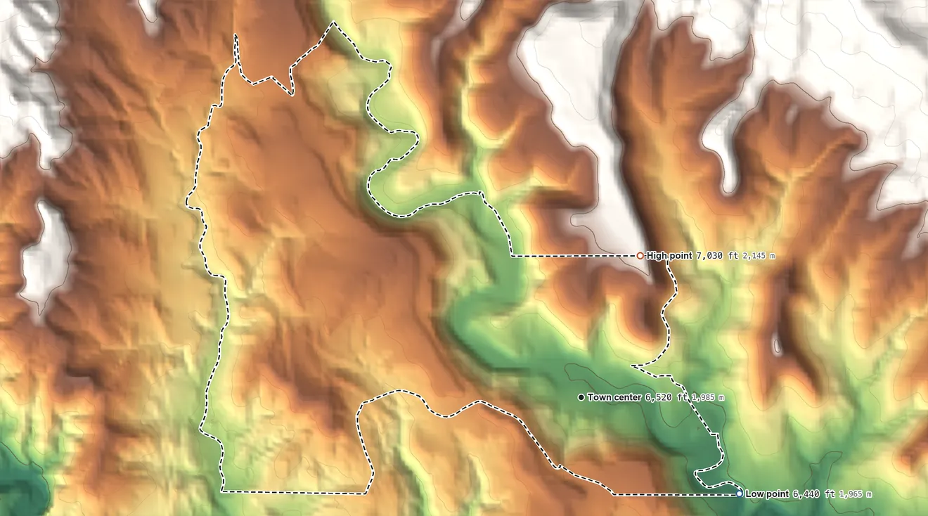 Topographic elevation map of North San Ysidro, New Mexico, shaded from 6,440 ft on the southeast side to 7,030 ft on the northeast edge, below higher ground just outside