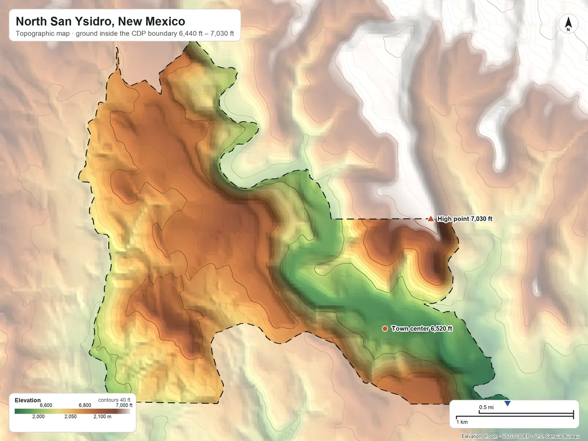 Topographic elevation map of North San Ysidro, New Mexico, shaded from 6,440 ft on the southeast side to 7,030 ft on the northeast edge, below higher ground just outside