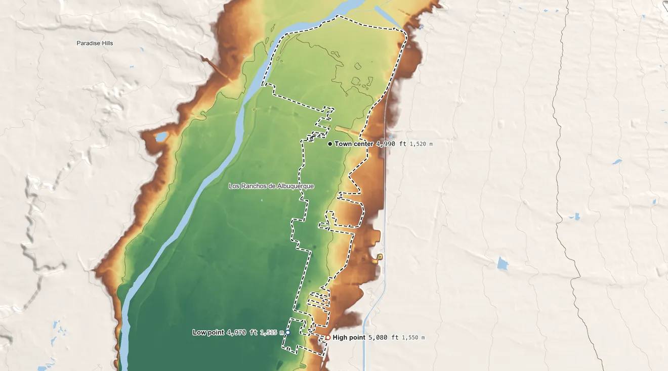 Topographic elevation map of North Valley, New Mexico, shaded from 4,970 ft on the south side to 5,080 ft on the south side