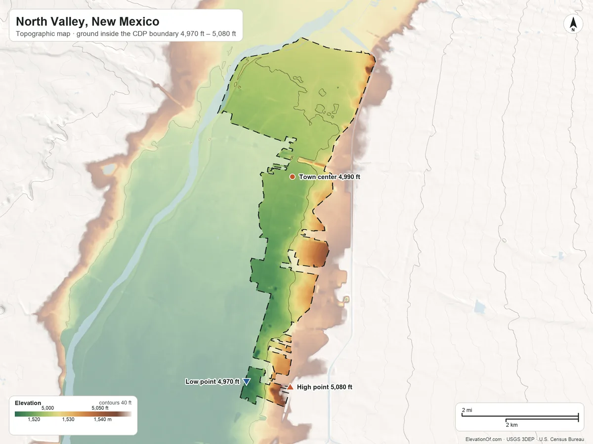Topographic elevation map of North Valley, New Mexico, shaded from 4,970 ft on the south side to 5,080 ft on the south side