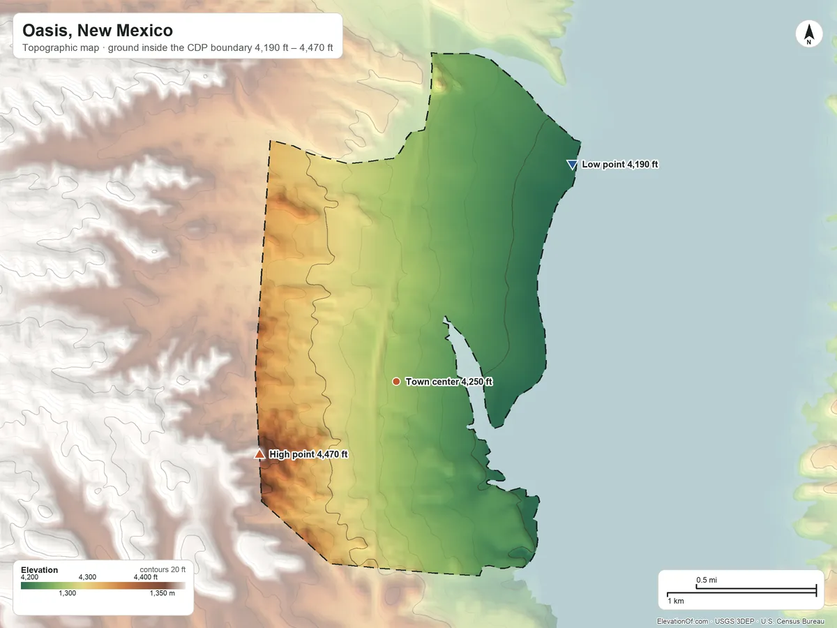 Topographic elevation map of Oasis, New Mexico, shaded from 4,190 ft on the northeast side to 4,470 ft on the southwest side