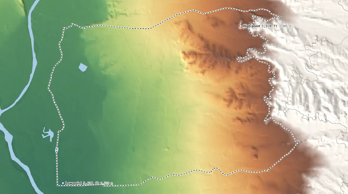 Topographic elevation map of Ohkay Owingeh, New Mexico, shaded from 5,610 ft on the southwest side to 5,920 ft on the northeast edge, below higher ground just outside