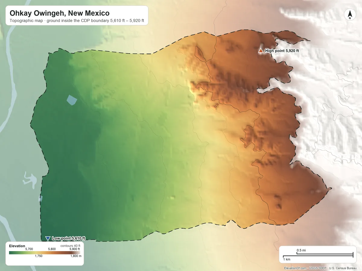 Topographic elevation map of Ohkay Owingeh, New Mexico, shaded from 5,610 ft on the southwest side to 5,920 ft on the northeast edge, below higher ground just outside