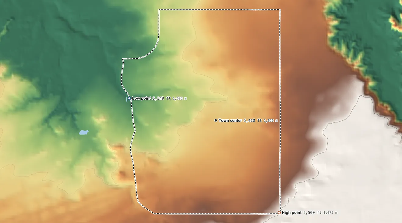Topographic elevation map of Ojo Amarillo, New Mexico, shaded from 5,340 ft on the west side to 5,500 ft on the southeast side