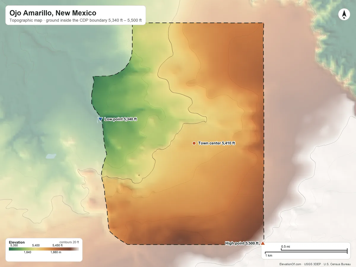 Topographic elevation map of Ojo Amarillo, New Mexico, shaded from 5,340 ft on the west side to 5,500 ft on the southeast side