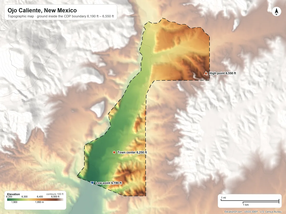 Topographic elevation map of Ojo Caliente, New Mexico, shaded from 6,190 ft on the southwest side to 6,550 ft at the foot of the La Madera Mountains