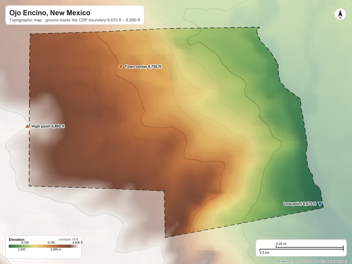Topographic elevation map of Ojo Encino, New Mexico, shaded from 6,670 ft on the southeast side to 6,800 ft on the southwest side