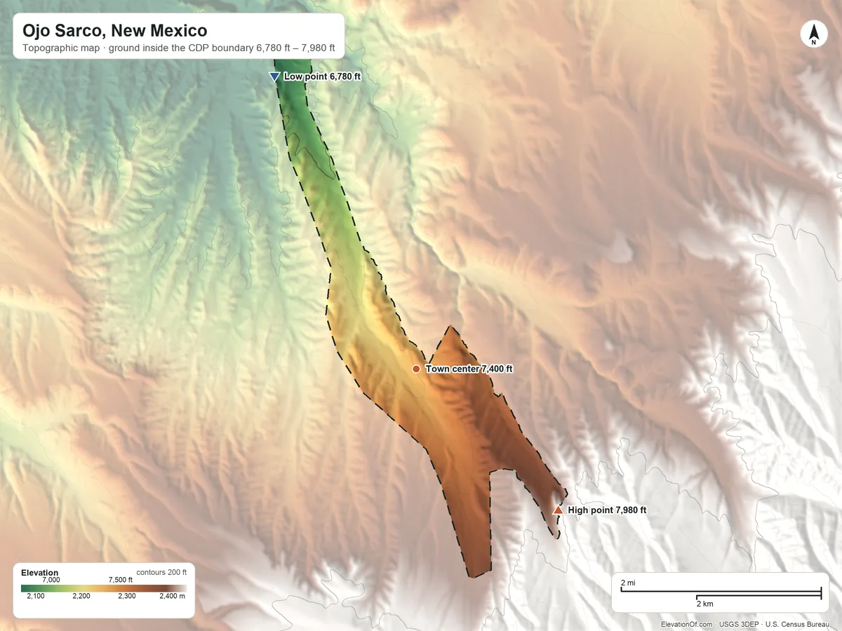 Topographic elevation map of Ojo Sarco, New Mexico, shaded from 6,780 ft on the northwest side to 7,980 ft on the southeast edge, below higher ground just outside