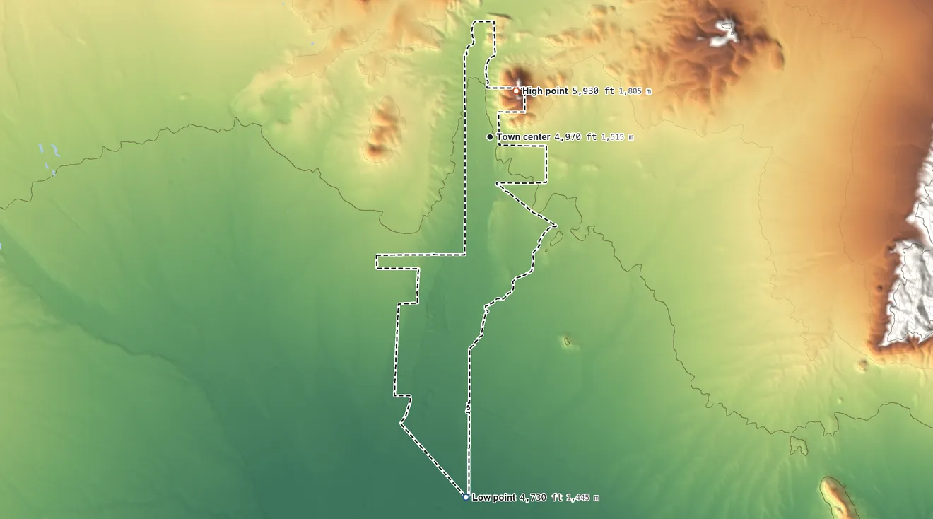Topographic elevation map of Old Town, New Mexico, shaded from 4,730 ft on the south side to 5,930 ft on Taylor Mountain