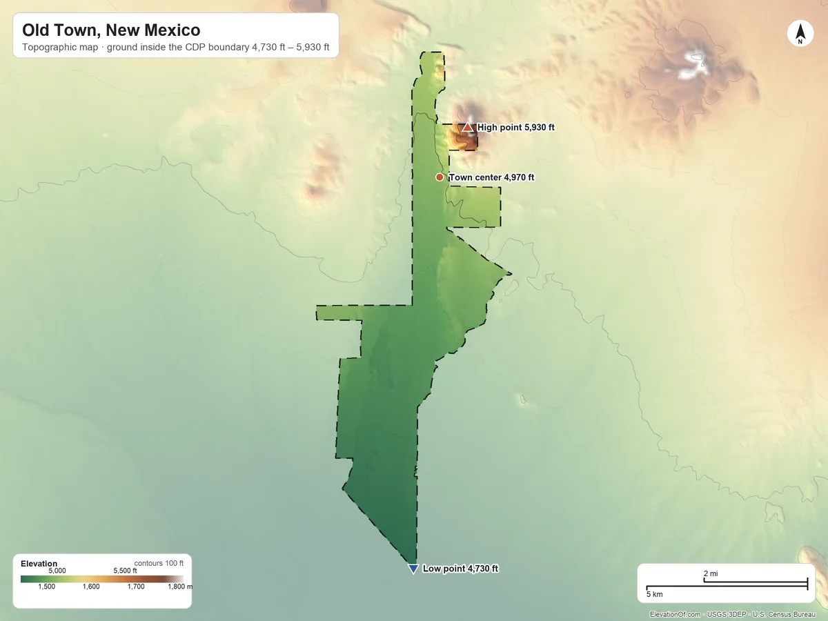 Topographic elevation map of Old Town, New Mexico, shaded from 4,730 ft on the south side to 5,930 ft on Taylor Mountain