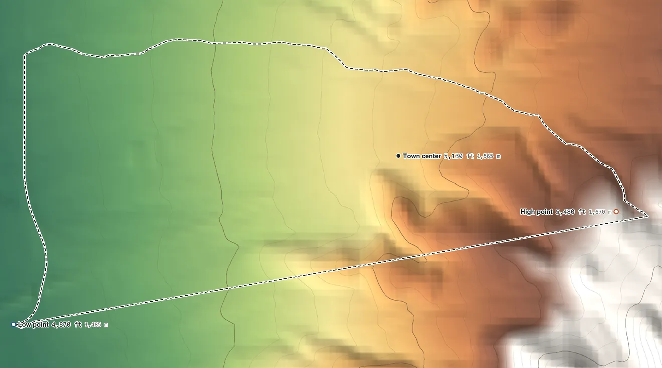 Topographic elevation map of Organ, New Mexico, shaded from 4,870 ft on the southwest side to 5,480 ft at the foot of the San Augustin Mountains